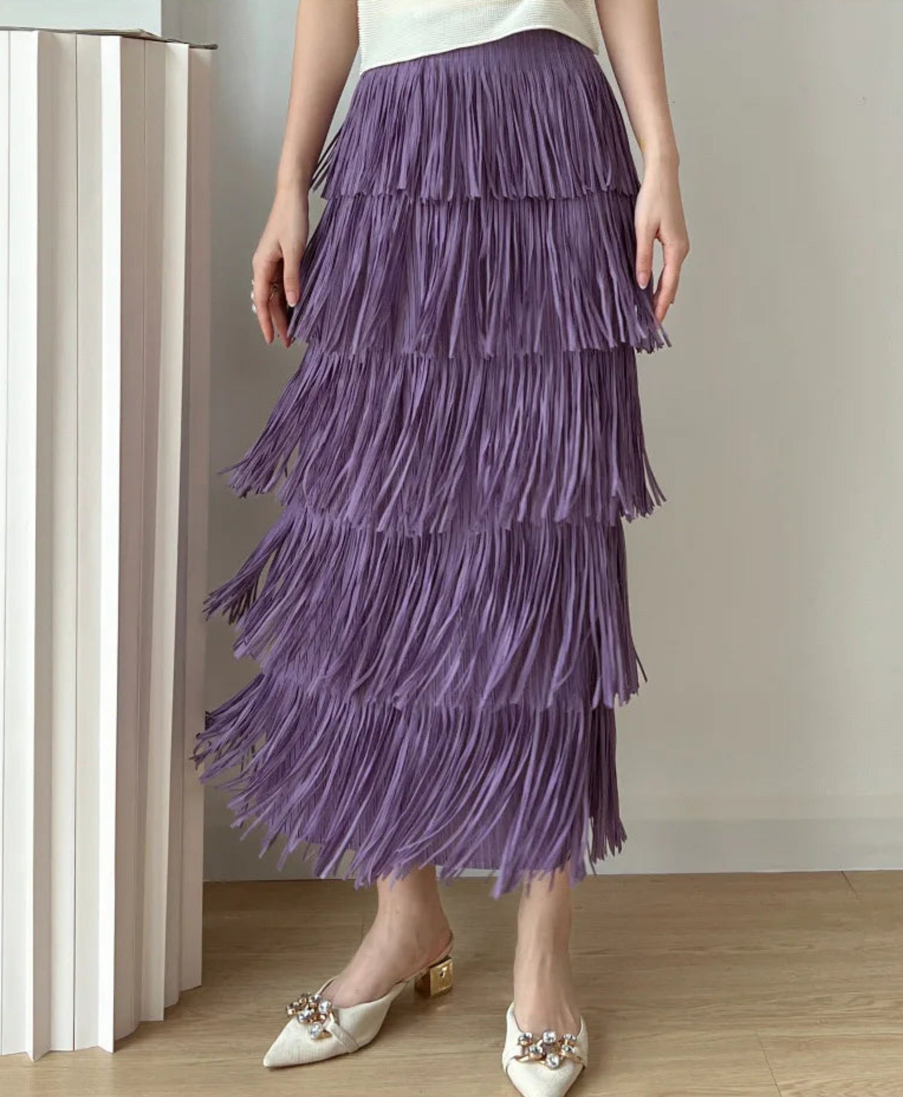 Plissé Pleats Pleated Fringe Midi Skirt – Japanese Designer Style