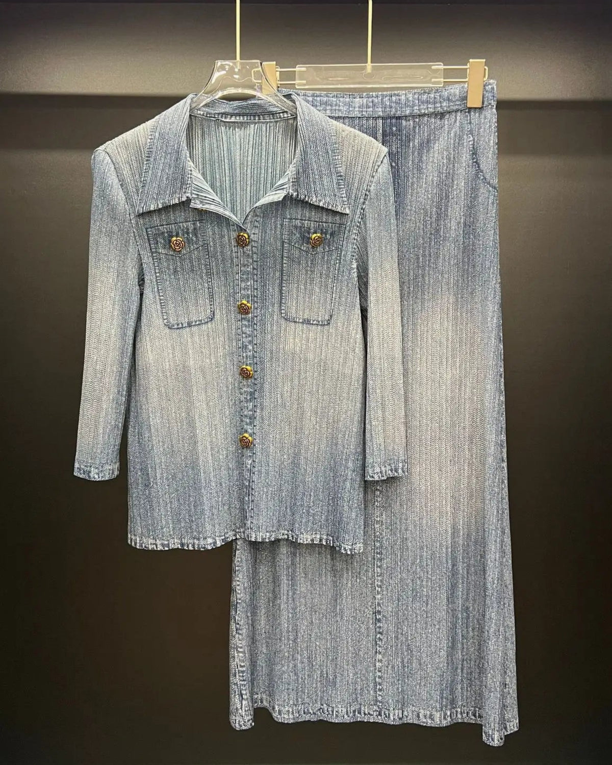 Plissé Washed Denim Print Shirt Skirt Set