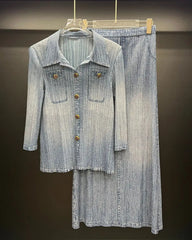 Plissé Washed Denim Print Shirt Skirt Set
