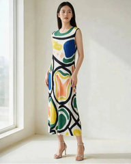 Plisse Modernist Geometric Midi Dress