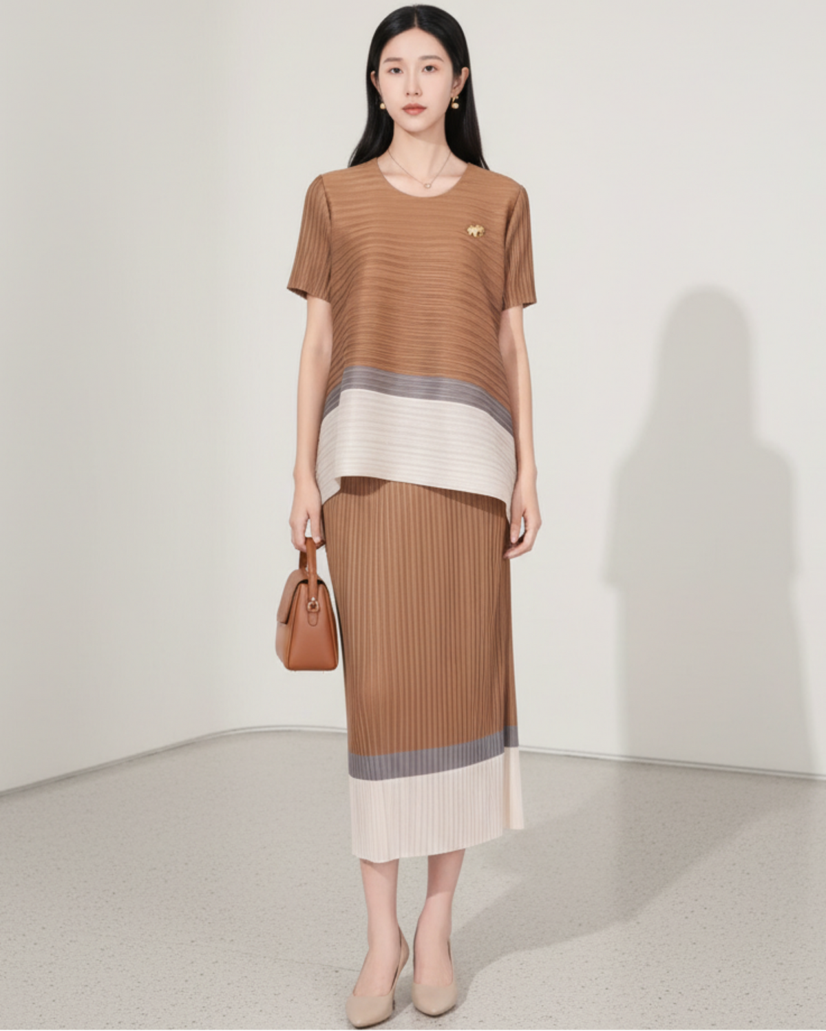 Plisse Pleated Tunic Skirt Set
