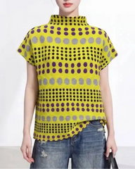 Plisse Polka Dot Mock Neck Top