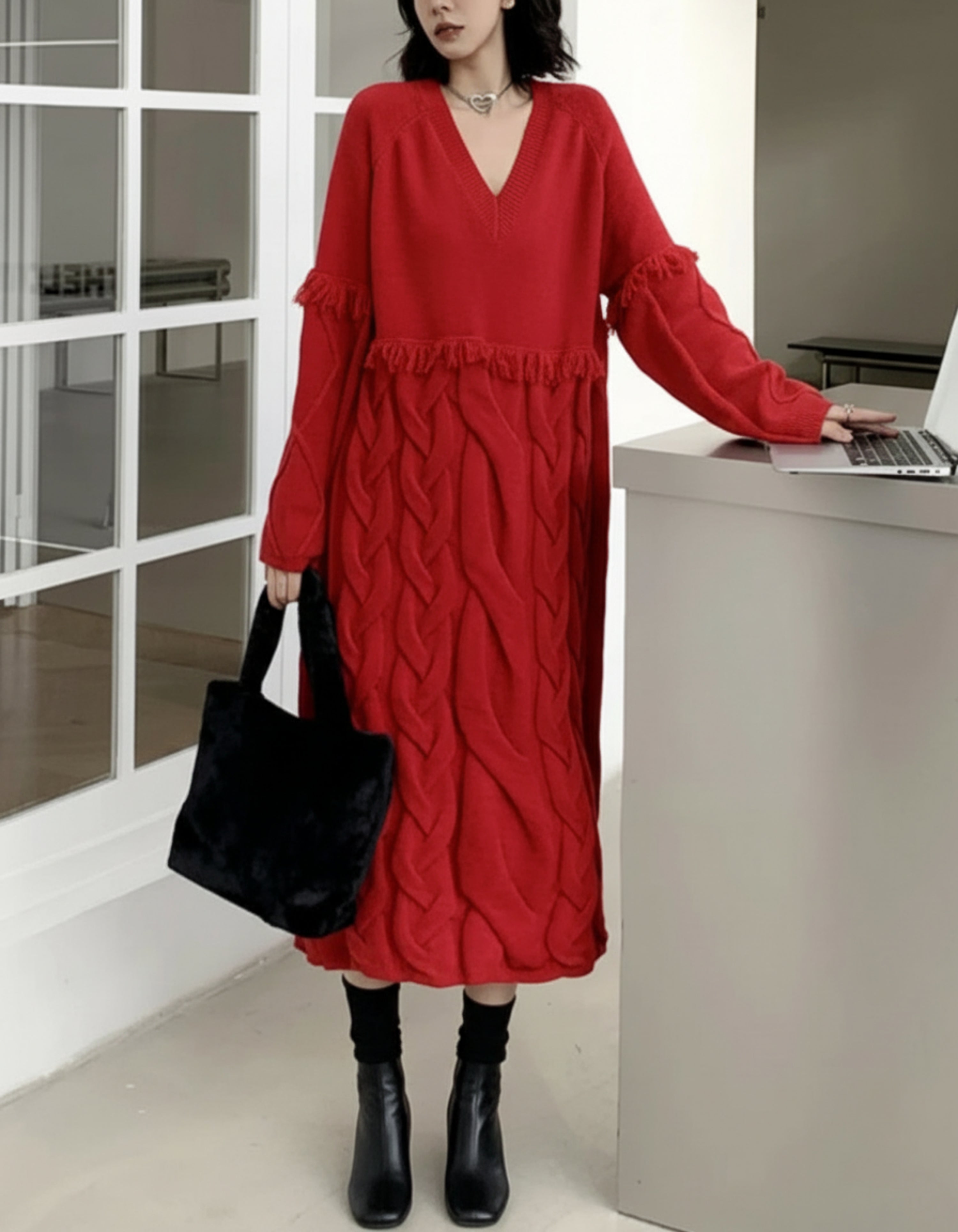 Premium A-Line Knit Midi Dress | High-End V-Neck Raglan Sleeves | 3D Cable Knit with Fringe | Flattering Slim Fit for Asian Women