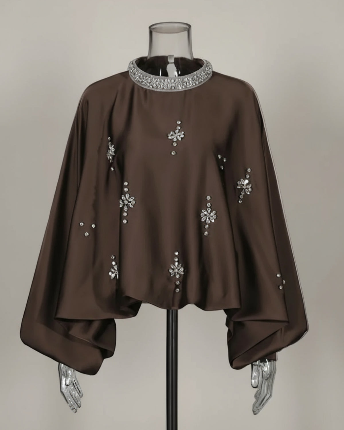 Premium Crystal-Adorned Brown Draped Blouse