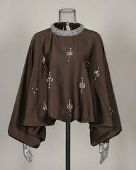Premium Crystal-Adorned Brown Draped Blouse