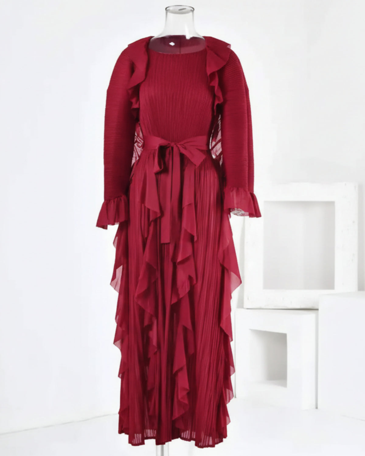 Premium Japanese Plissé-Effect Midi Dress | Long Sleeve