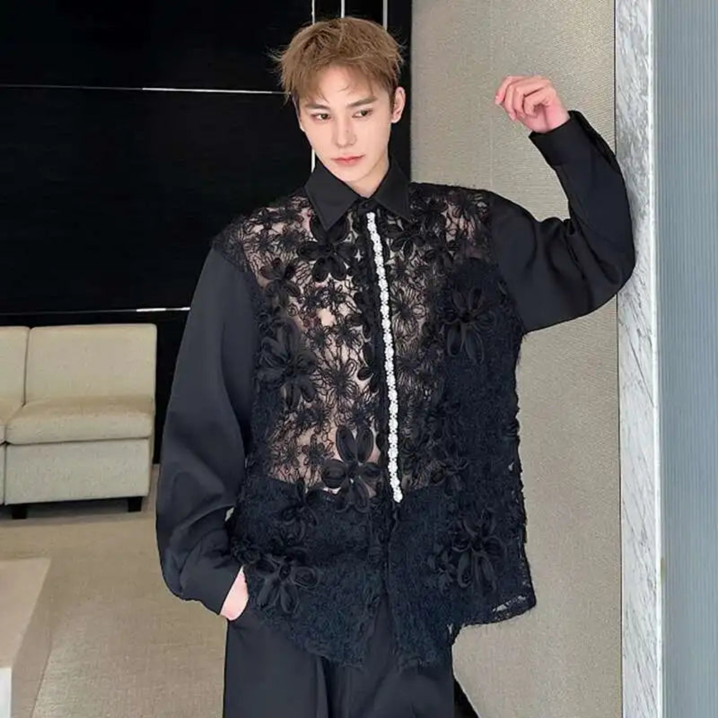 Premium Men's Lace Button-Up Shirt - Unique Designer Style