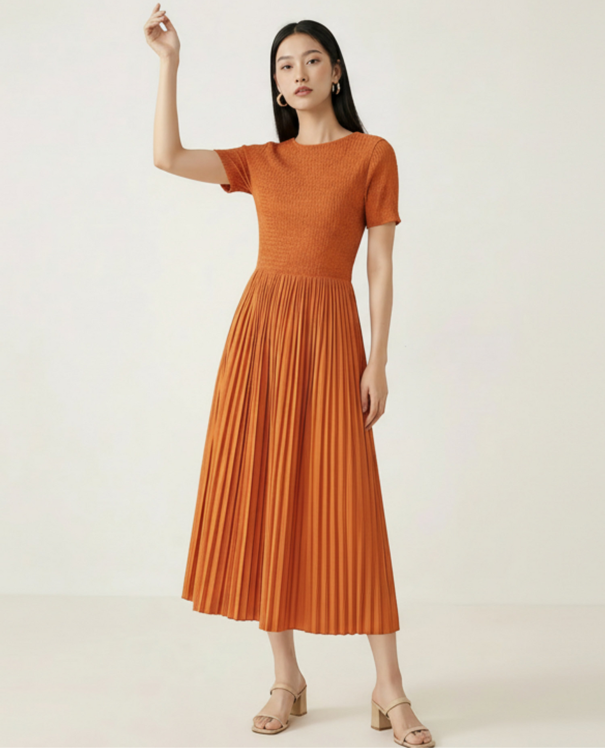 Premium Pleated Short Sleeve Midi Dress – Luxury Travel & Cruise Designer Dress (Petite-Friendly)
