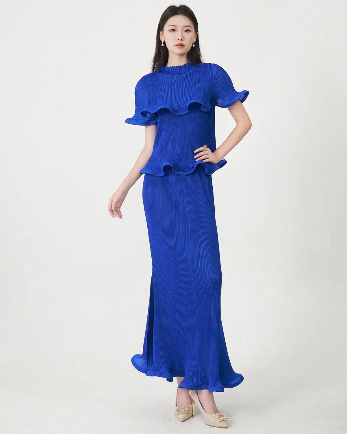 Premium Plissé Set Evening Wear Skirt Blouse Two-Piece