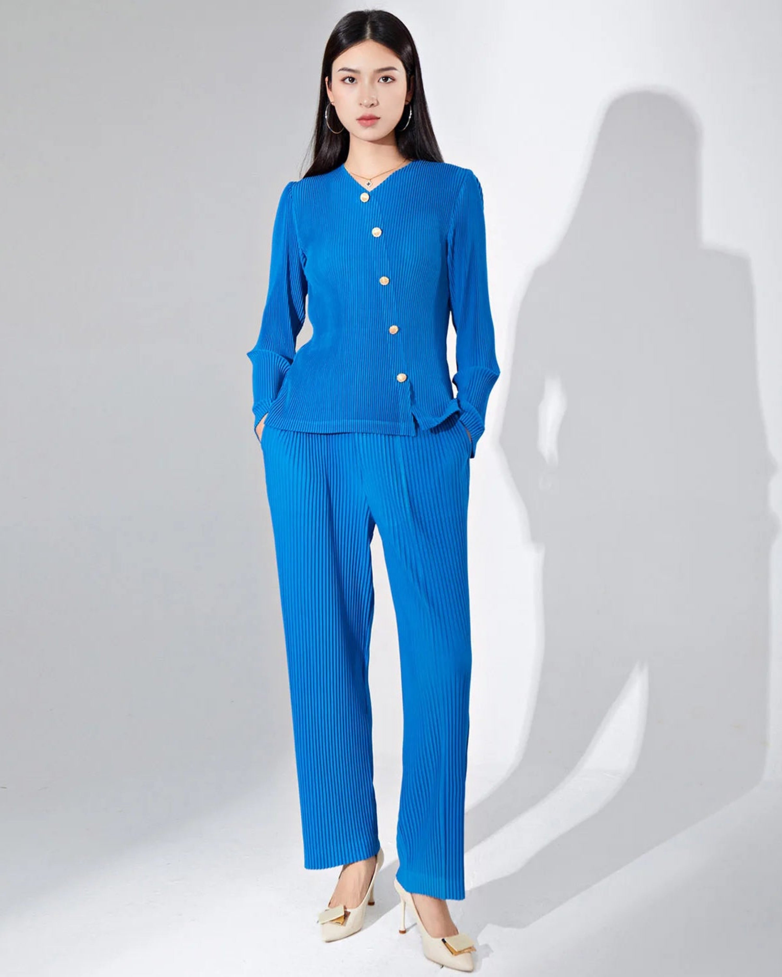 Premium Plissé Two-Piece Trousers Set Evening Wear