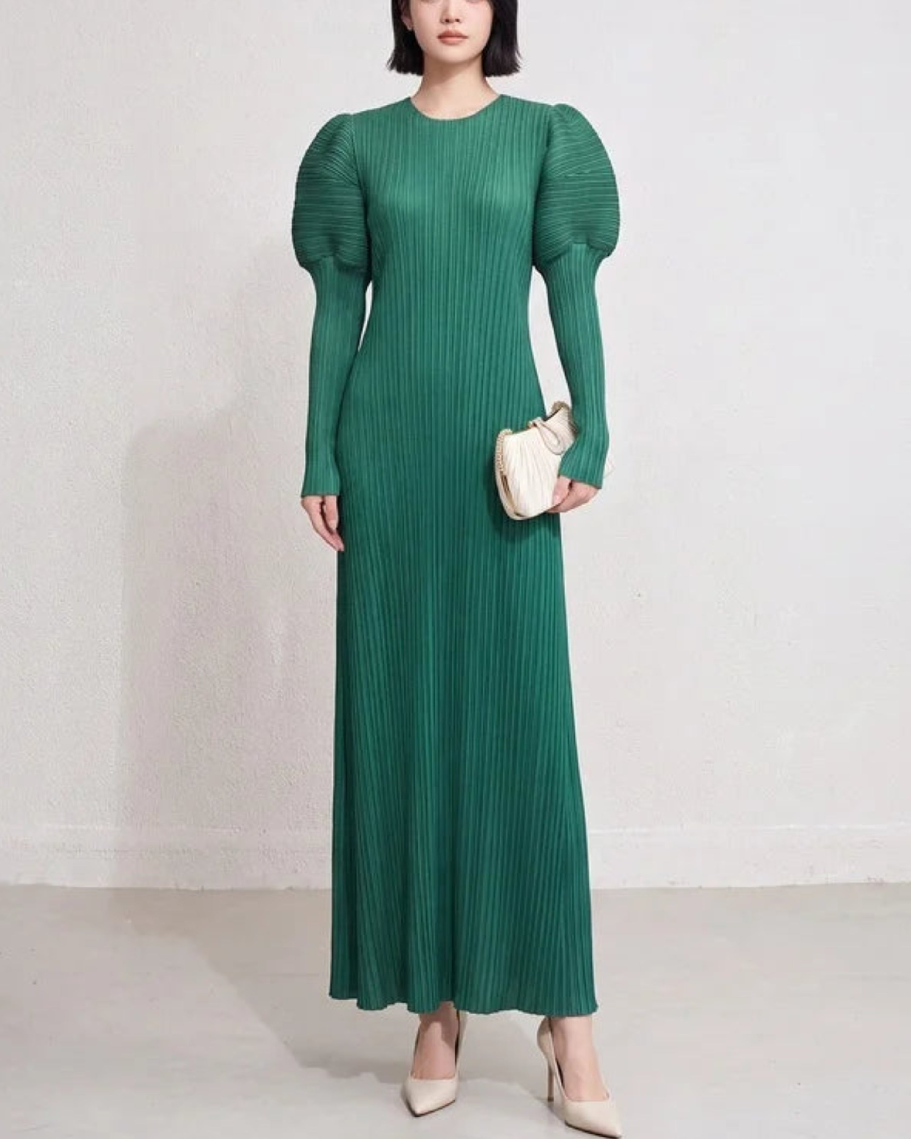 Puff Sleeve Plissé Midi Dress