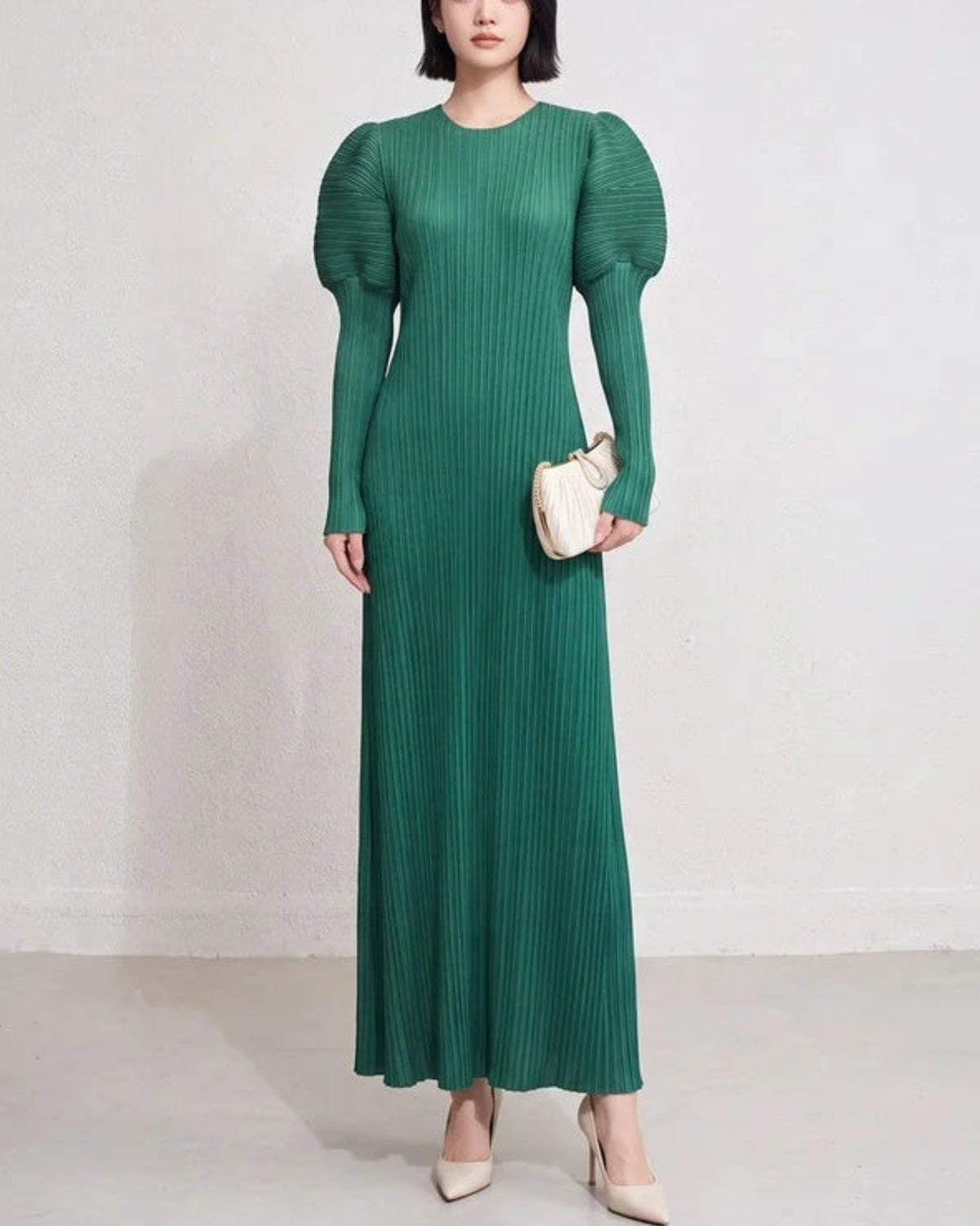 Puff Sleeve Plissé Midi Dress