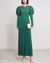 Puff Sleeve Plissé Midi Dress