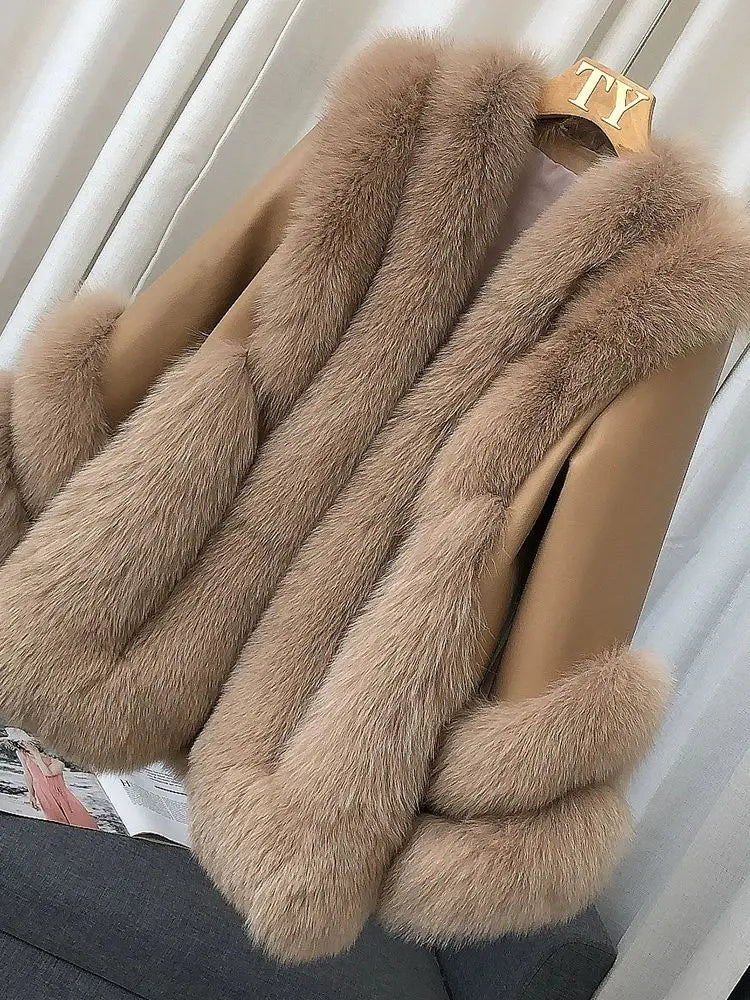 Real Fox Fur Leather Coat Women's - HEYFANCYSTYLE