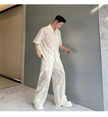 Men's Sheer 2-Piece Embroidery White Lace Suit Set