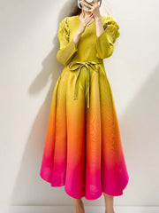 Women's Ombre Pleated Puffy Sleeve Dress