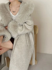 Luxury Wool-Blend Faux Fur Hooded Coat