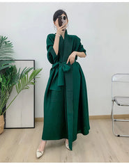 Couture Plissé Pleated Belted Robe Coat