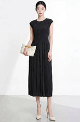 Crinkle Waist-Defined Pleated Dress