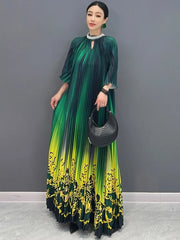 Women's Floral Green & Yellow Ombre Pleated Midi Dress