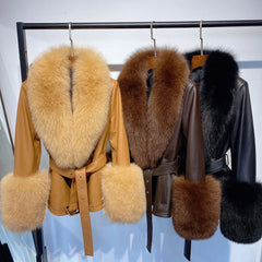 Women's Luxe Leather Winter Jacket with Fox Fur Collar