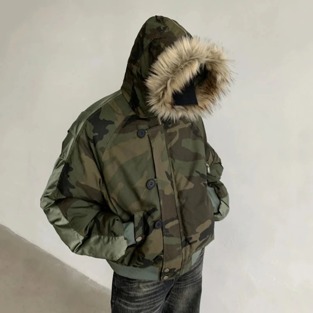 Men's Streetwear Camo Faux Fur Hood Jacket