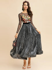 Floral Embroidery Sheer Sleeve Sequin Dress