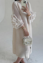 Luxe Floral-Sleeve Pleated Dress