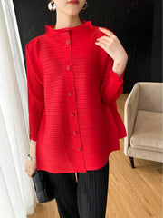 Luxury Red Pleated Asymmetrical Plissé Cardigan