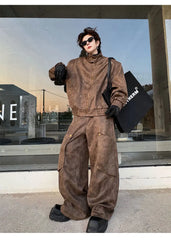 Men's 2 Piece Set Brown Streetwear Jacket & Pants