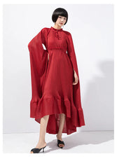 Women's Pleated Midi Dress with Elegant Cape