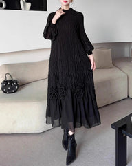 Elegant Balloon-Sleeve Pleated Dress