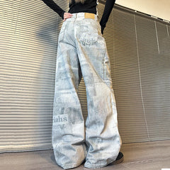 Women's Acid Washed Baggy Newspaper Print Jeans