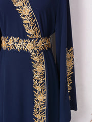 Women's Embroidered Sash-Tie Long Sleeve Midi Dress