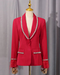 Luxury Feather Crystal Collar Blazer