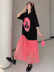 Modern Chic Bear Patchwork Pink Mesh Maxi Dress