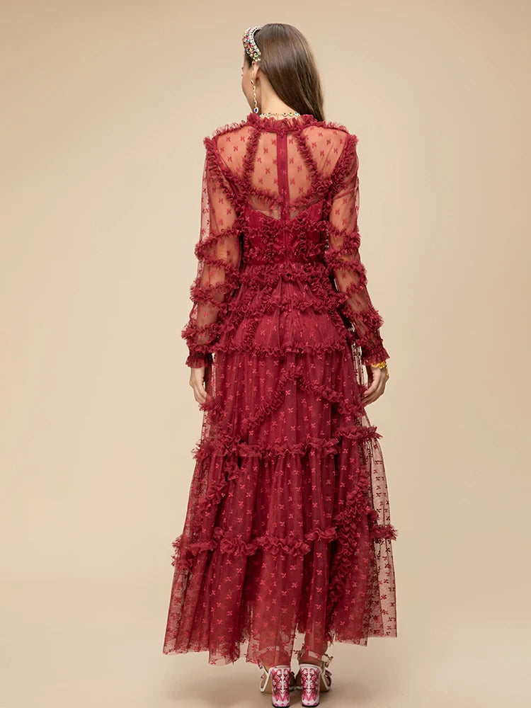 Red Raffle Dress Wine Red Ruffle Mesh Midi Dress – HEYFANCYSTYLE
