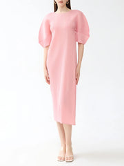 Elegant Puff Sleeve Japanese Pleated Midi Dress