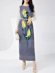 Floral Plissé Long Sleeve Dress