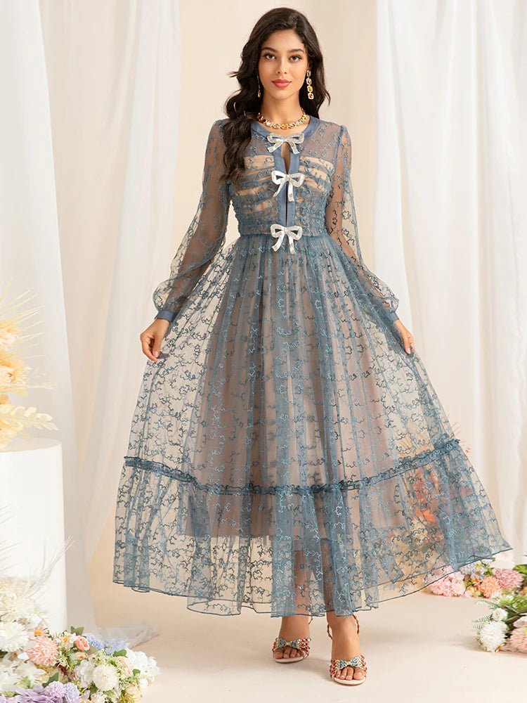 Elegant Blue Embroidered Mesh Long Dress