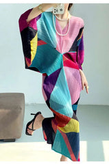 Pleated Geometric Batwing Dress