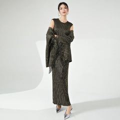 Couture Pleated Long Dress & Shawl Matching Set