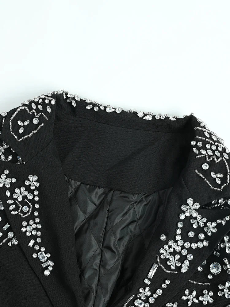 HEYFANCYSTYLE Black Rhinestones Fur-Cuffed Blazer Jacket