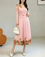 Couture Pleated Belted Floral Dress