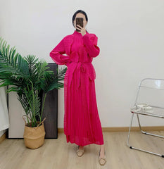 Plissé Pleated Chiffon Long Sleeve Midi Dress