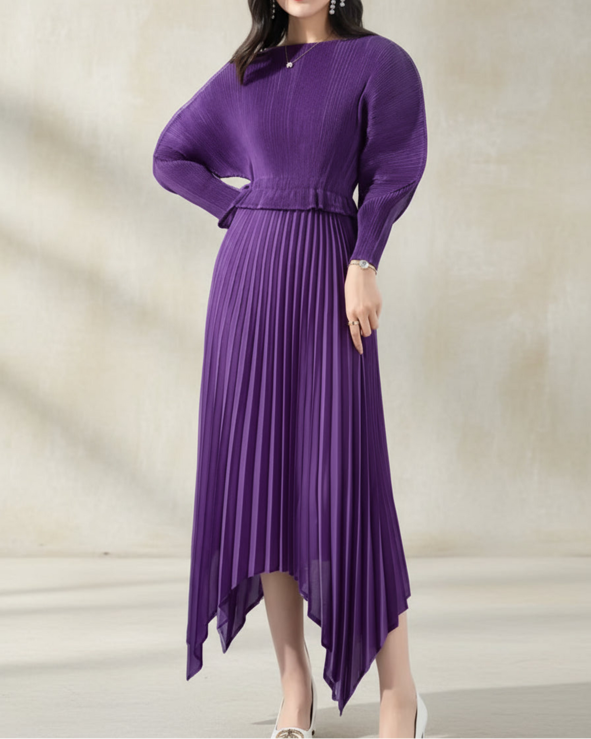 Formal Plissé Asymmetric Dress
