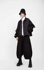 Women's Luxe Black Oversized Ruffled Jacket