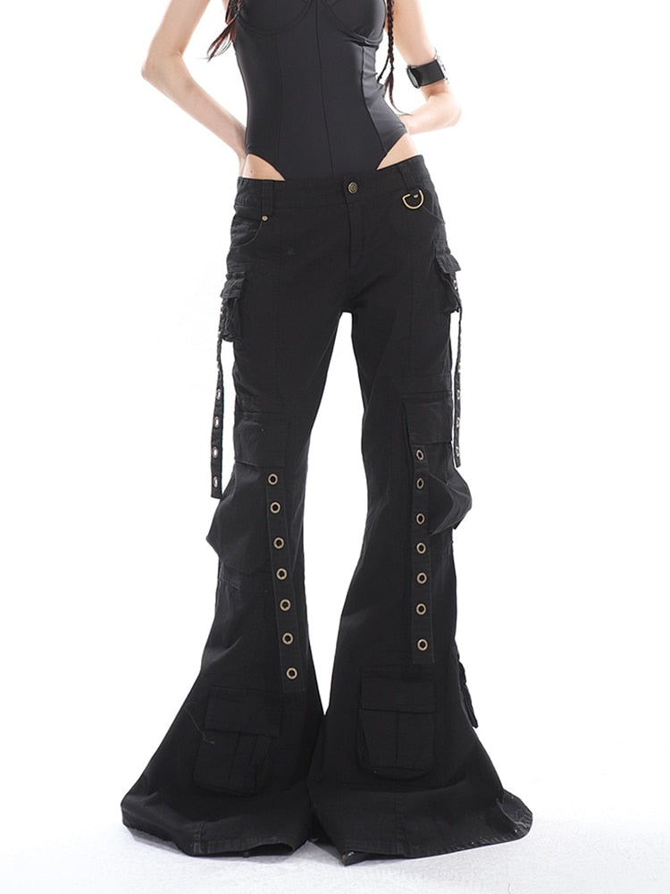 Edgy Luxe Flare Wide Leg Cargo Pants