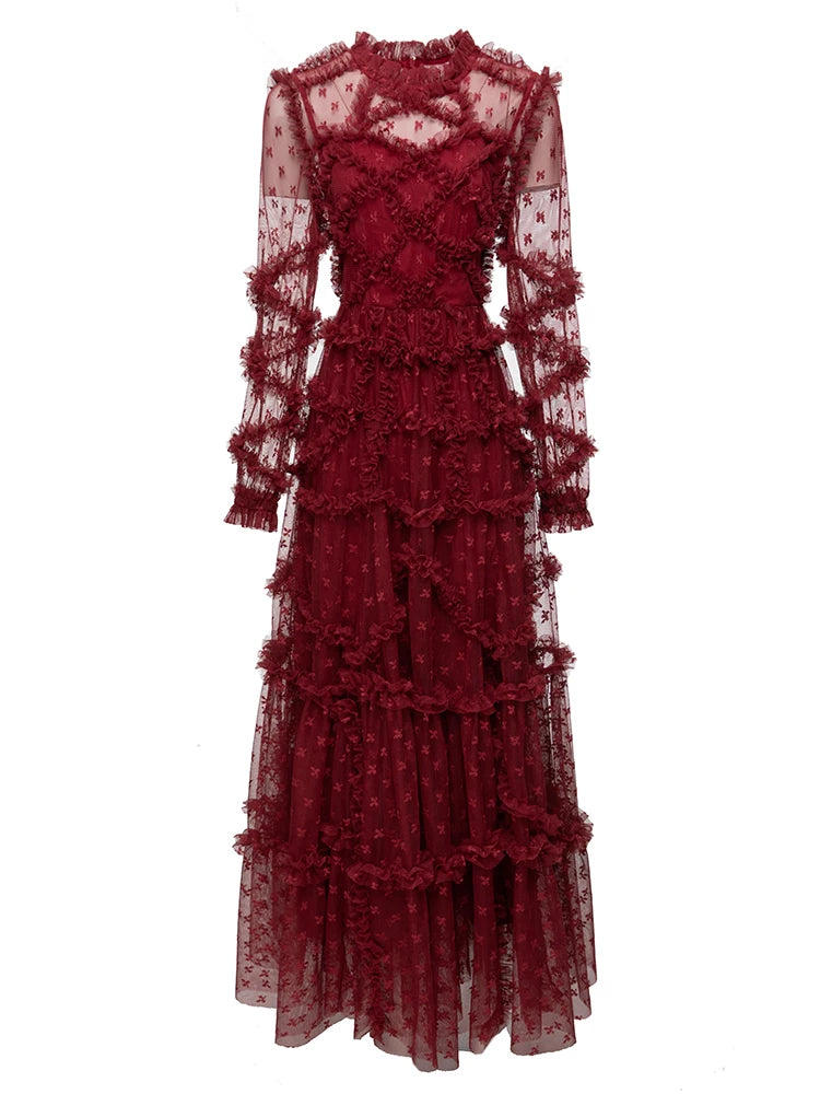 Red Raffle Dress Wine Red Ruffle Mesh Midi Dress – HEYFANCYSTYLE