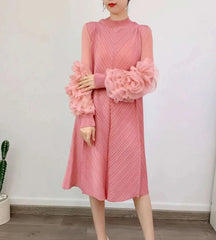 Luxury Pleated Floral Ruffle Dress